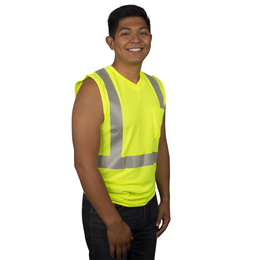 Cordova V421 Cor-Brite Type R, Class II, Lime Birdseye Mesh T-Shirt, Sleeveless, Chest Pocket, 2-Inch Silver Reflective Tape