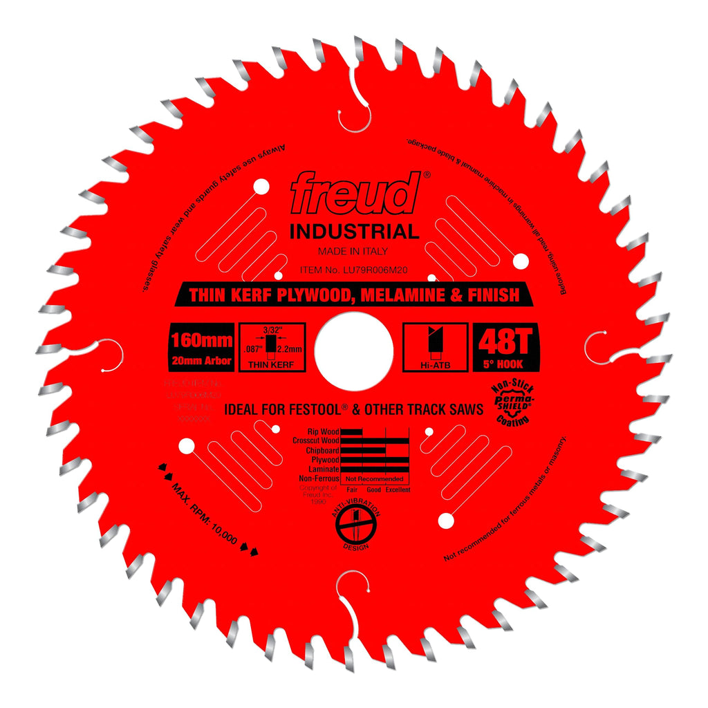 Freud LU79R006M20 Perma-Shield Coated Thin Kerf Plywood and Melamine Saw Blade for Festool Saws, 20mm Arbor 160mm by 48-Teeth Hi-ATB