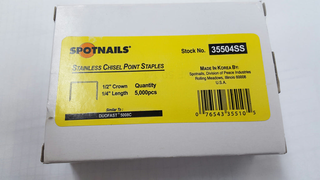 Spotnail 35504ss (similar to Duo Fast 5008-CSS ) Staple 5M 20 Gauge 1/2" Crown X 1/4" Leg Stainless Steel Staples - StaplermaniaStore