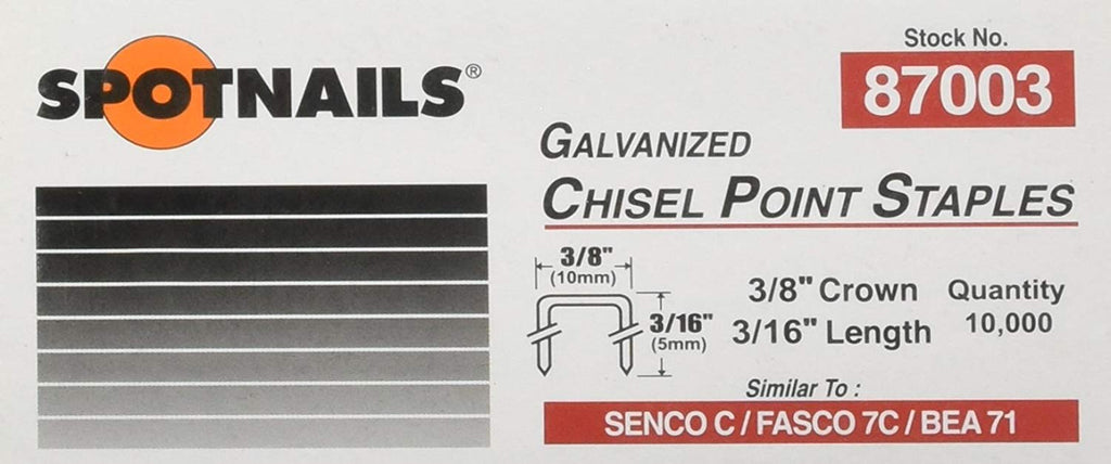 Spot Nails 87003 3/8-Inch Crown Staples, 3/16-Inch, 10000-Piece - StaplermaniaStore
