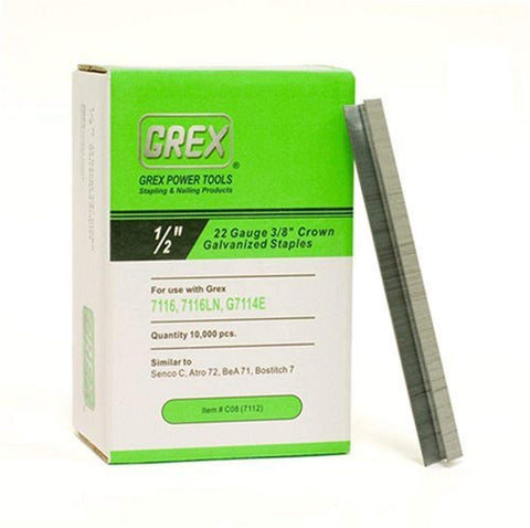 GREX C08 22 Gauge 3/8-Inch Crown 1/2-Inch Length Galvanized Staples (10,000 per box) - StaplermaniaStore
