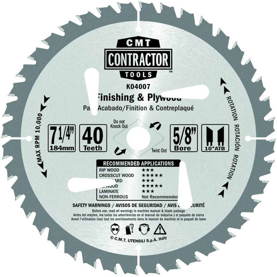 CMT K04007-X10 ITK Contractor Finishing Saw Blade Masterpack, 7-1/4 x 40 Teeth, 10° ATB with 5/8-Inch<> bore - 10-Pack