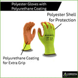 Cordova Cor-Brite 13-Gauge Gloves, Yellow Polyester Shell, Orange Polyurethane Palm Coating, 12-Pack