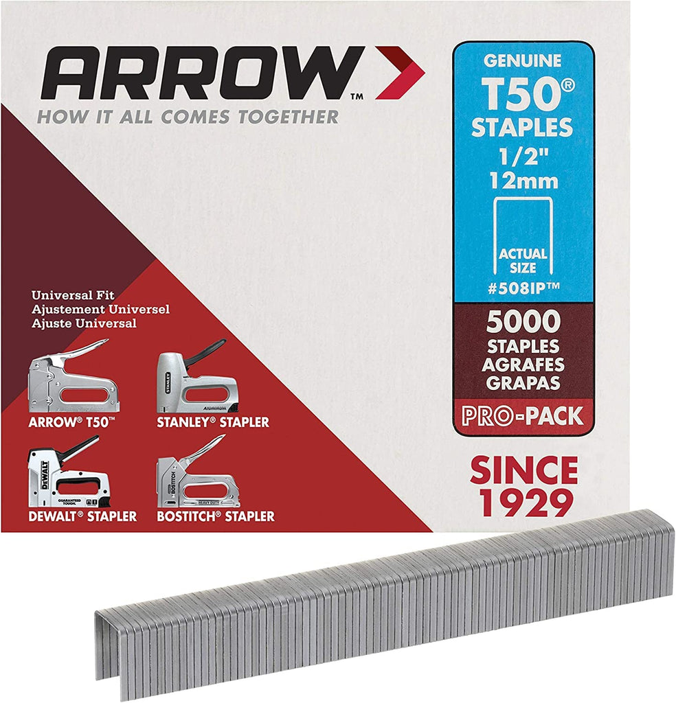 Arrow 508IP Heavy Duty T50 1/2-Inch Staples for Upholstery, Construction, Furniture, Crafts, 5000-Pack