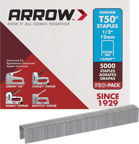 Arrow 508IP Heavy Duty T50 1/2-Inch Staples for Upholstery, Construction, Furniture, Crafts, 5000-Pack