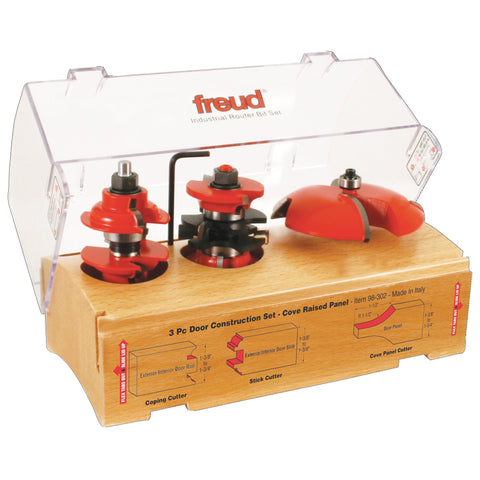 Freud 98-300 3-Piece Exterior-Interior Door Construction Set. Includes 99-267 Roundover RandS w 99-515 Bevel Raise Panel Router Bit- 1-3/4 or 1-3/8 Doors
