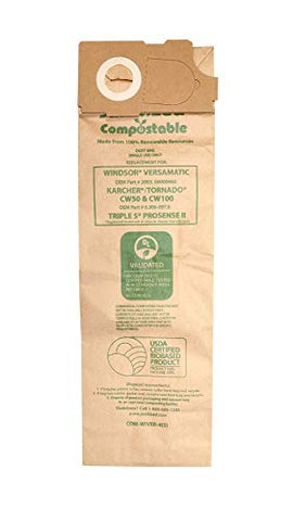 Janitized COM-Wiver-4(5) Compostable Paper Premium Replacement Commercial Vacuum Bag for Windsor Versamatic, Karcher/Tornado Models: CW50 & CW100, Triple S Prosense II Vacuums (Pack of 5)