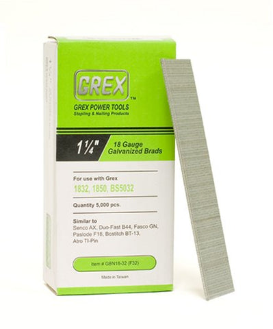 GREX GBN18-32 18 Gauge 1-1/4-Inch Length Galvanized Brad Nails (5,000 per box) - StaplermaniaStore