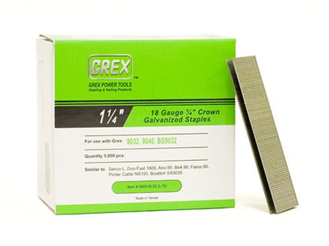 GREX GNS18-32 18 Gauge 1/4-Inch Crown 1-1/4-Inch Length Galvanized & Coated Staples (5,000 per box) - StaplermaniaStore