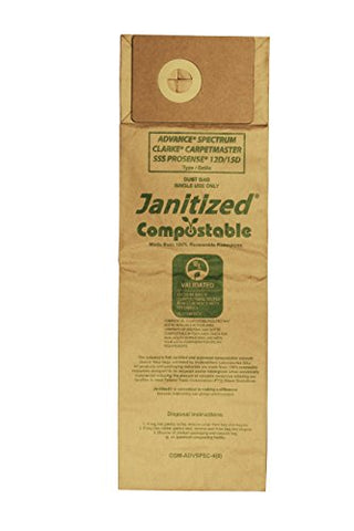 Janitized COM-ADVSPEC-4(5) Compostable Replacement Commercial Vacuum Paper Bag for Advance Spectrum, Clarke CarpetMaster, SSS Prosense Vacuum Cleaners (Pack of 50)
