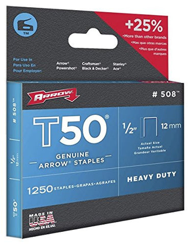Arrow 508 Genuine T50 1/2-Inch Staples, 1,250-Pack - StaplermaniaStore
