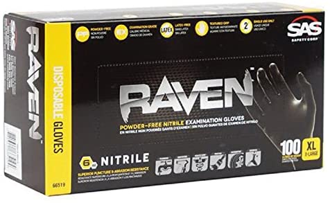 SAS Safety 66519 Nitrile Raven Powder-Free Disposable Glove, X-Large Case of 1000 (10 boxes of 100 each)