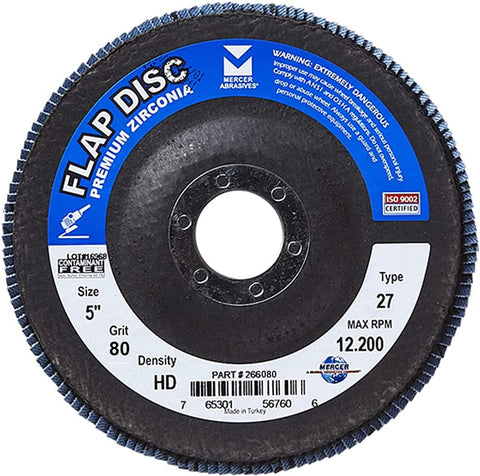 Mercer Industries 266080 Zirconia Flap Disc, High Density, Type 27, 5" x 7/8", Grit 80, 10 Pack