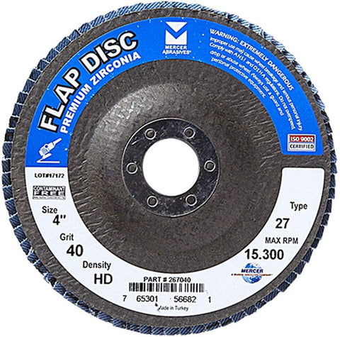 Mercer Industries 267040 Zirconia Flap Disc, High Density, Type 27, 4" x 5/8", Grit 40, 10 Pack - StaplermaniaStore