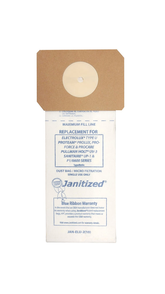 Janitized JAN-ELU-2(10) Premium Replacement Commercial Vacuum Paper Bag, Electrolux U, Sanitaire UP-1, ProTeam ProLux, Proforce, Pullman Holt UV-3, OEM#248, 62100, 103483, 103484, 527042 (Pack of 10)