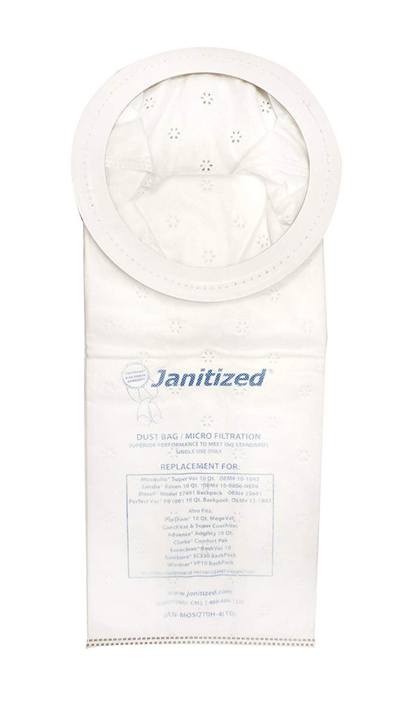 Janitized JAN-MOSQ10H-4(10)-EA Premium Replacement Commercial Vacuum Bag, Mosquito SuperVac, OEM# 25601, FXL12907, 273511, 10-1043, 15-1803, 10-0006-HEPA, 1" Height, 17" Width, 7" Length (Pack of 10) - StaplermaniaStore