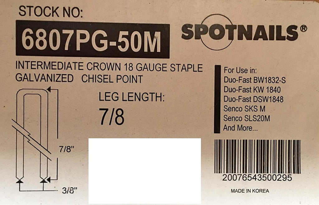 Spotnails 18 Gauge 7/8" Leg x 3/8" Intermediate Crown Galvanized Staples (Pack of 5,000) spotnails-6807pg - StaplermaniaStore
