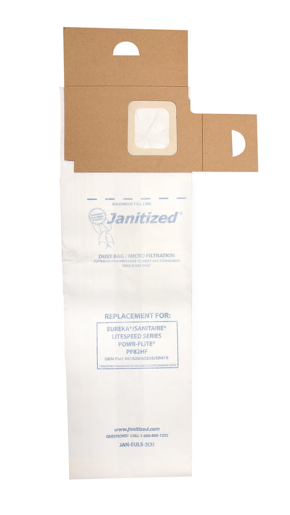 Janitized JAN-EULS-2(3) Paper Premium Replacement Commercial Vacuum Bag Fits Eureka LiteSpeed Models 5700-5739 and 5800-5839 Series, Powr-Flite PF82HF Vacuum Cleaners, OEM# 61820, 63256 & ER419