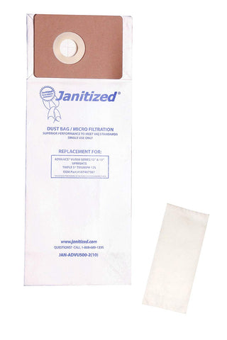 Janitized JAN-ADVU500-2(10) Premium Replacement Commercial Vacuum Paper Bag for Advance VU500 Vacuum Cleaners, OEM#107407587, 107404820 (Pack of 100) - StaplermaniaStore