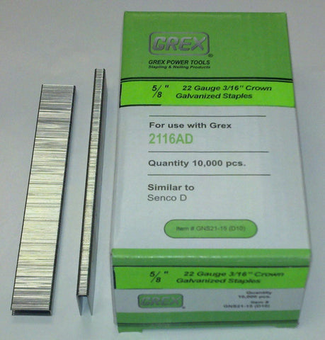 Grex GNS21-15(D10) 22 Gauge 3/16" Crown 5/8"Long, Galvanized Staples, 10,000/BX - StaplermaniaStore