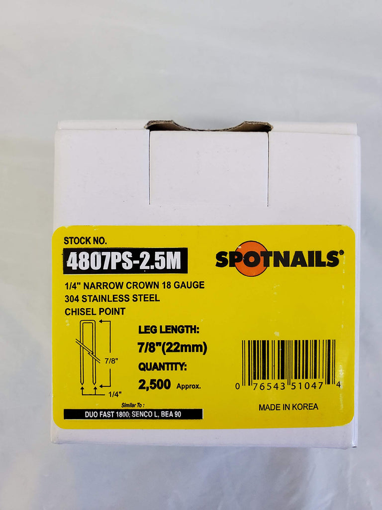 Spotnails 4807PS STAINLESS STEEL 7/8" 18 Gauge Narrow Crown Staples -2,500/box