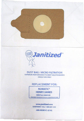 Janitized JAN-NVM1C-2(10) Premium Replacement Commercial Vac Bag, Nacecare/Numatic Henry/James Model 200, 225, 235, 250, 252 and 260, RSV130/200, OEM#604100 (Pack of 10) - StaplermaniaStore