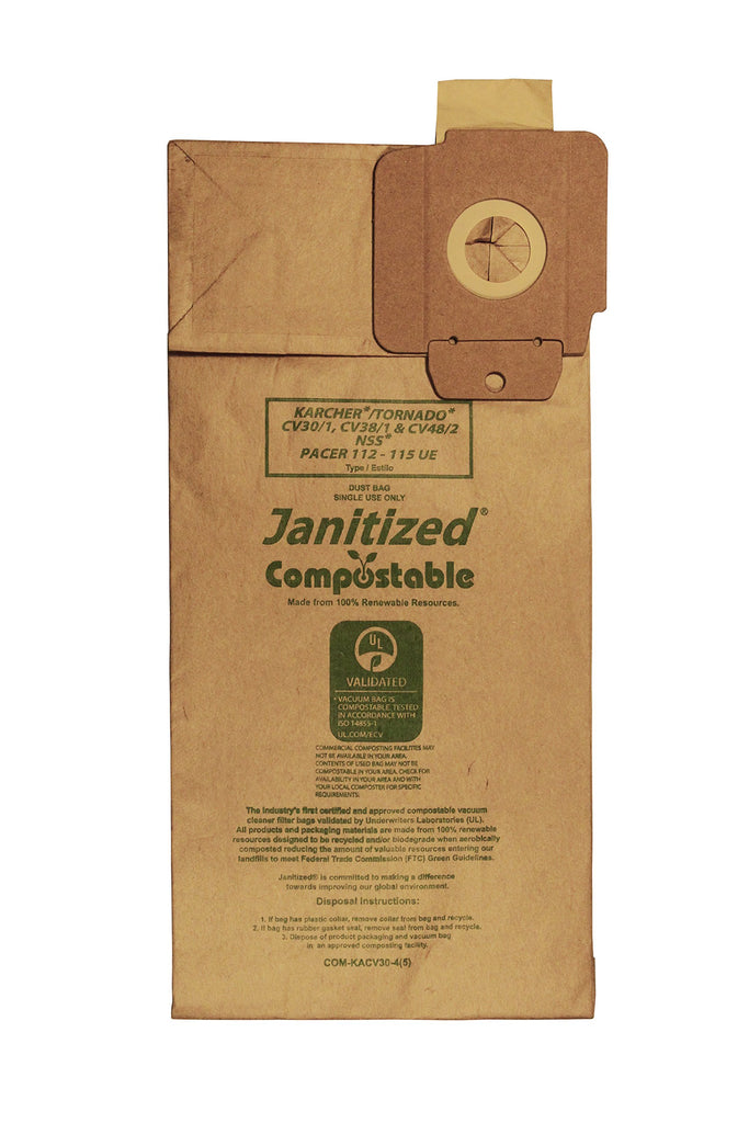 Janitized COM-KACV30-4(5) Compostable Premium Replacement Commercial Vacuum Paper Bag for Karcher/Tornado CV30/1 and CV38/1, NSS Pacer 112-115UE Vacuum Cleaners (Pack of 50)