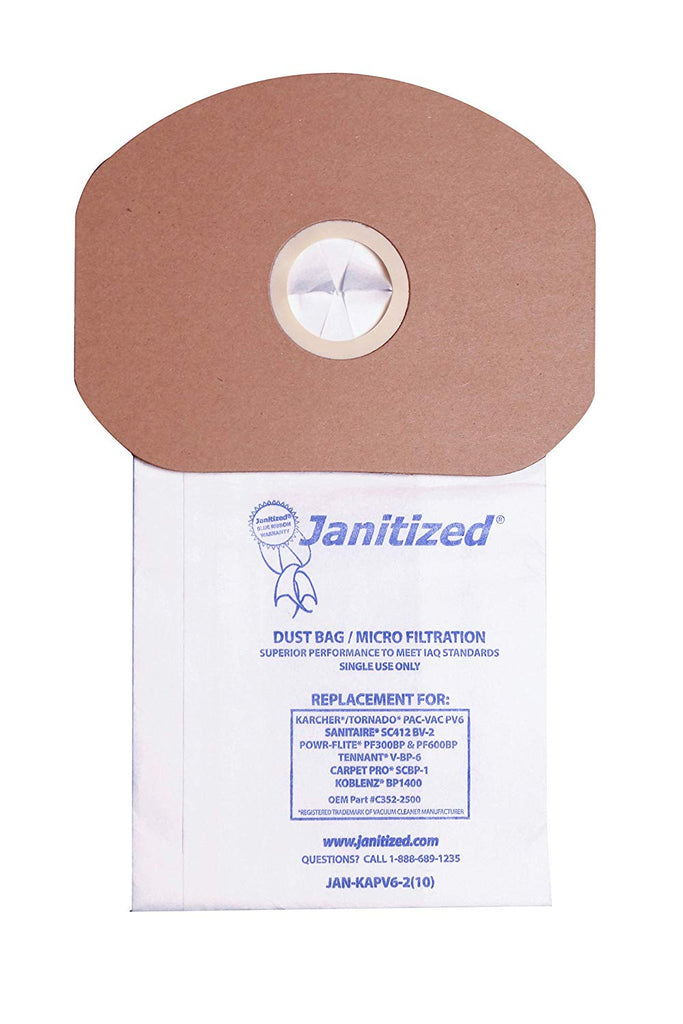 Janitized JAN-KAPV6-2(10) Paper Premium Replacement Commercial Vacuum Bag for Sanitaire, Tornado Pac-Vac, Koblenz, Tennant, Powr-Flite Backpack Vacuum Cleaners (10-10 Packs) - StaplermaniaStore