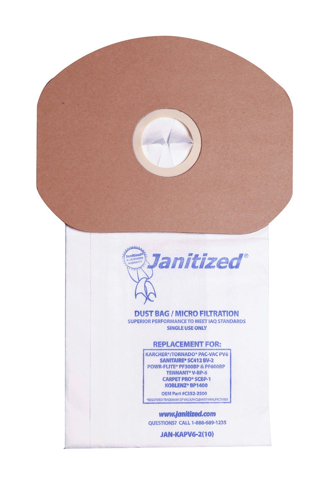 Janitized JAN-KAPV6-2(10) Premium Replacement Vacuum Paper Bag, Sanitaire SC412, KarcherTornado PV6, Cleanmax CMBP-6, Tennant V-BP-6, Power-Flite PF300/600BP, OEM#CMBP-10, C352-2500 (Pack of 10)
