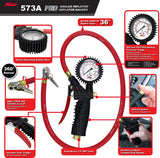 Milton 573A Pro Analog Pistol Grip Inflator Gauge - 36" Hose and Ball Chuck w/Clip - 160 PSI - StaplermaniaStore