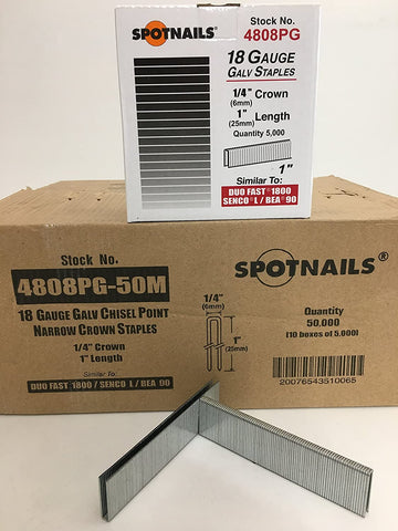 SPOTNAILS 4808PG L/90 18 Gauge 1/4" Crown, 1" leg. 5000 Pcs/Box, 10 Boxes/Case. Sale By Full Case ! - StaplermaniaStore